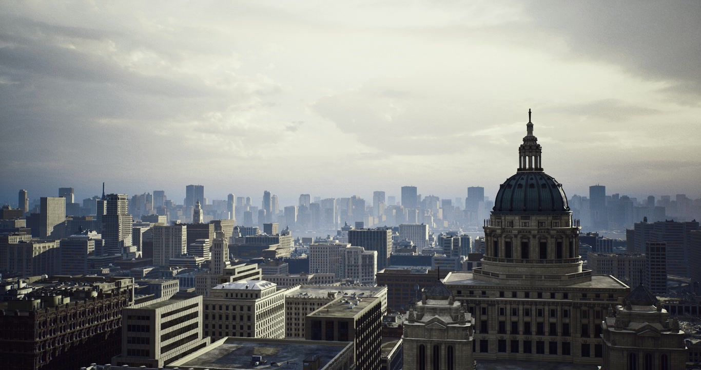 Vintage style city view with overcast weather and distant skyscrapers