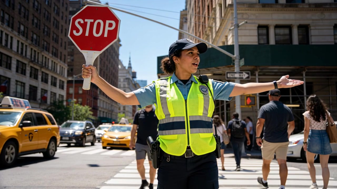 Stepping into urban crosswalk, officer in vest holding STOP sign guiding people, halting taxis