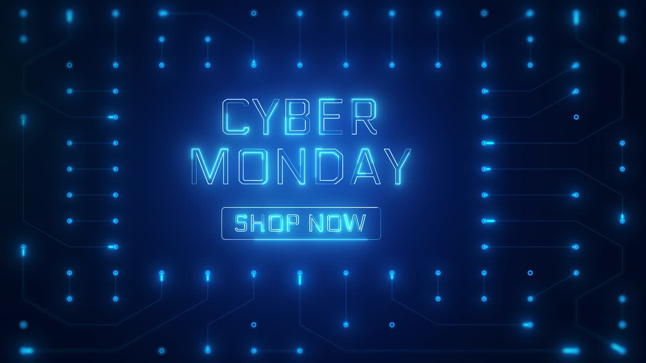 Cyber Monday neontekst og 'Køb nu'-knap på et digitalt printkort