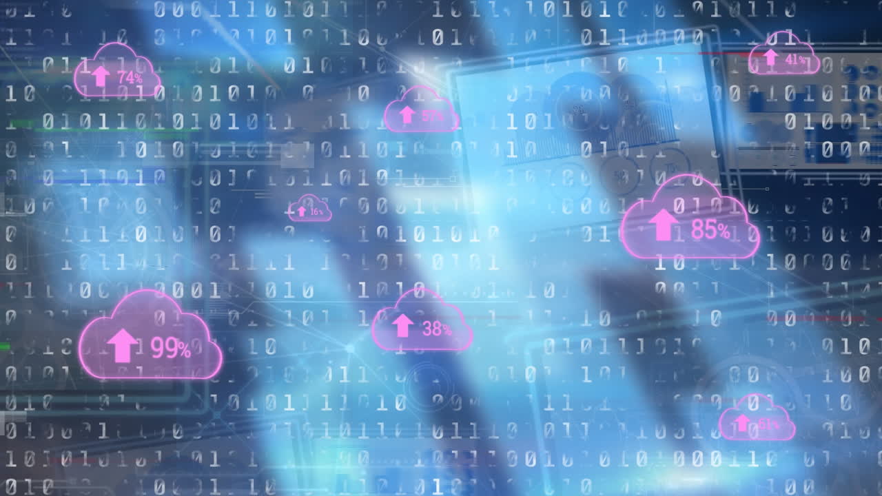animación de múltiples iconos de nube con porcentaje creciente y codificación binaria en fondo azul.