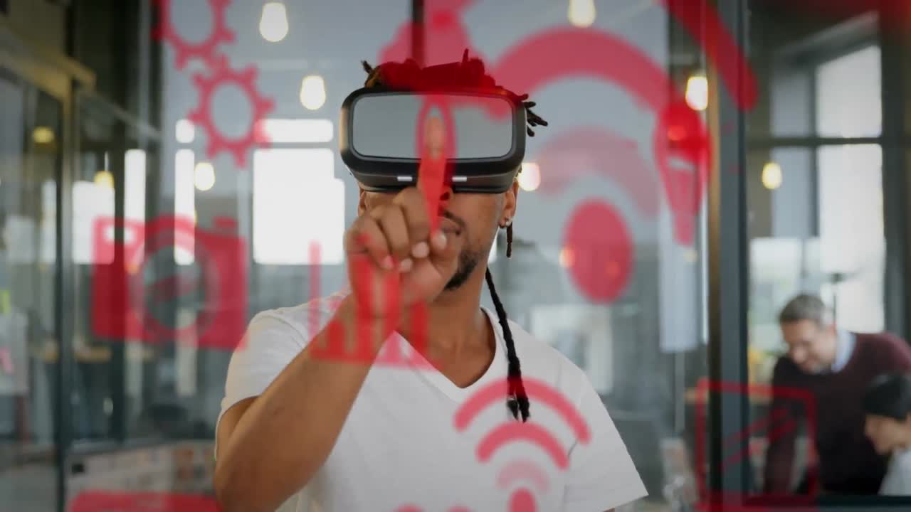 Animazione di icone di social media su un uomo afroamericano che indossa un visore VR