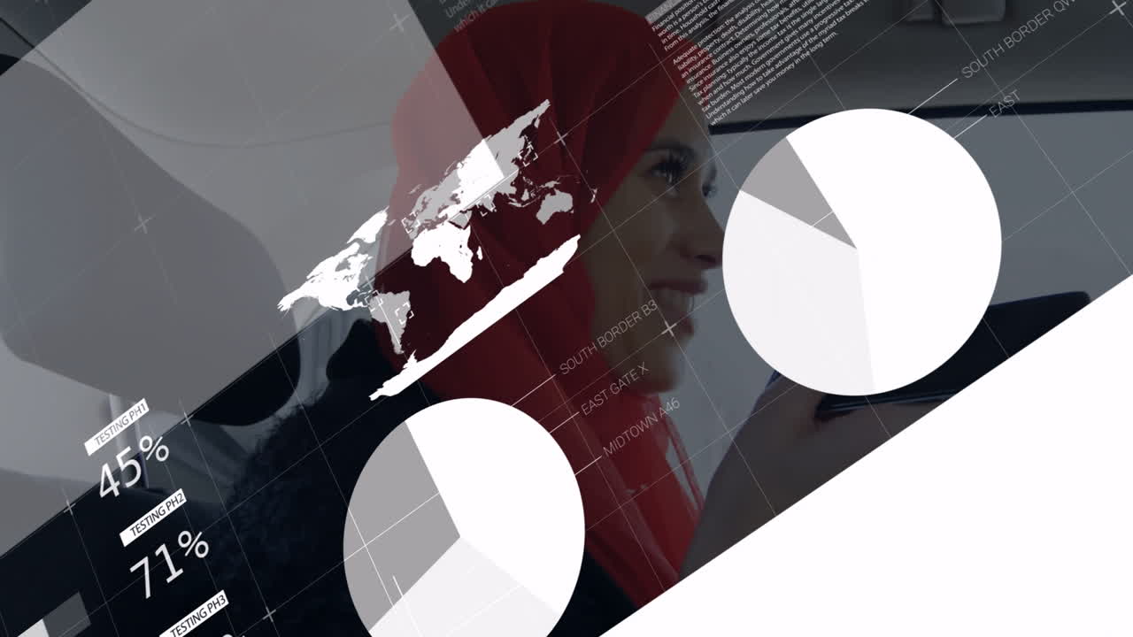 Smiling woman in red hijab driving with data processing animation overlay