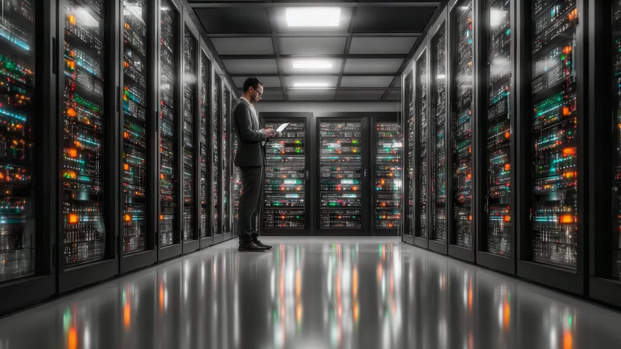 A business professional analyzing data within a high-tech server room, surrounded by illuminated servers and reflective floors, highlighting the importance of technology in modern enterprise