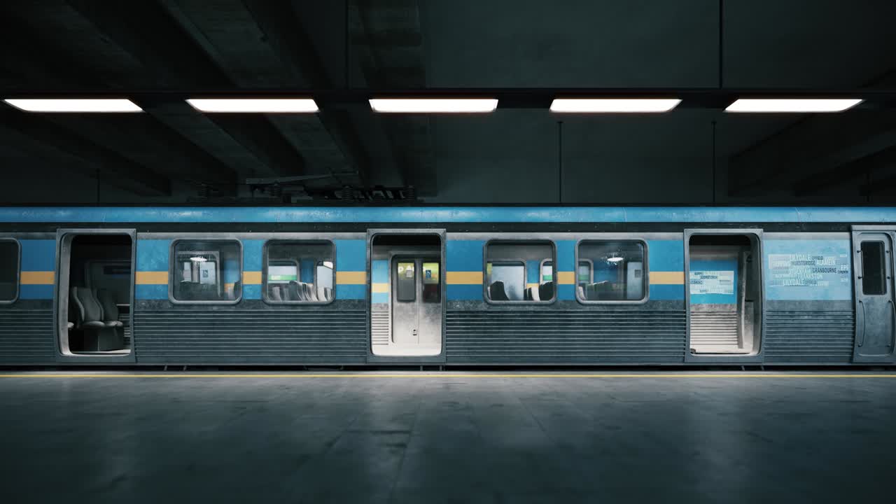 지하철역에 있는 빈 열차. 열차 문을 닫고 역을 떠난다.