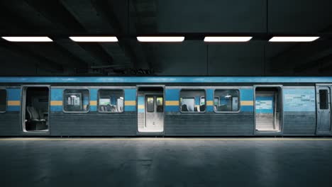 tren vacío en la estación de metro. cerrando la puerta del tren y saliendo de la estación