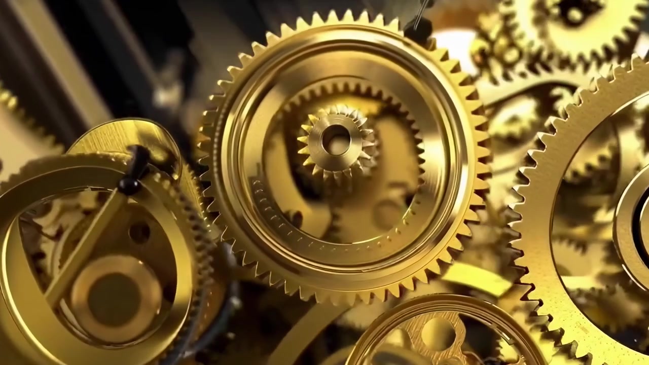 Close-Up of Golden Gears Turning in a Complex Mechanism