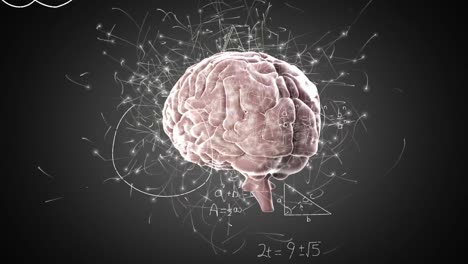 animation of spinning human brain icon and mathematical equations against grey background