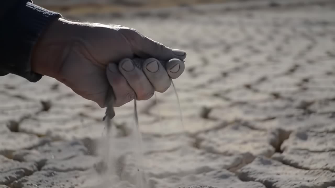 Hand Inspecting Dry Soil During Drought in Agricultural Field in Early Morning Light