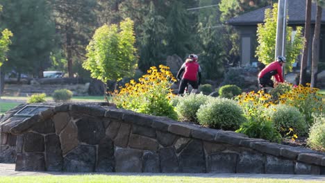 two cyclists ride through a green community park in oregon