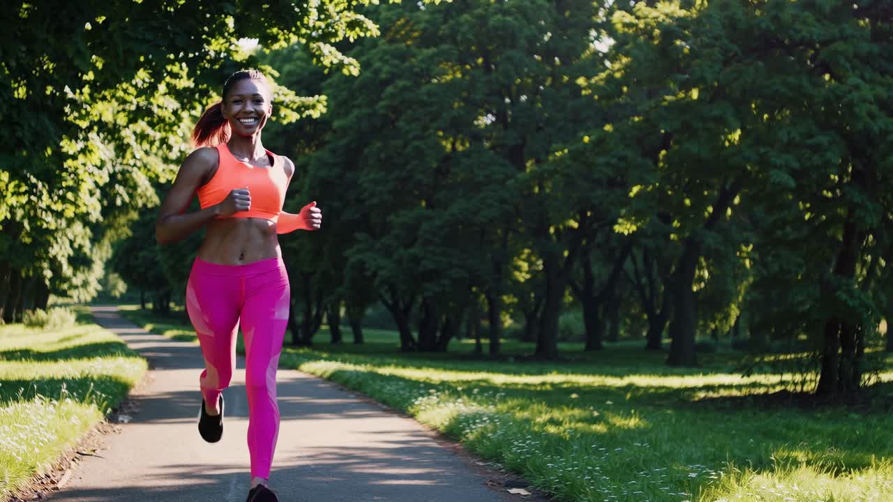 Fermo immagine dinamico di un video di una donna che fa jogging in un parco, ripreso da un'angolazione bassa, che mostra colori vivaci.