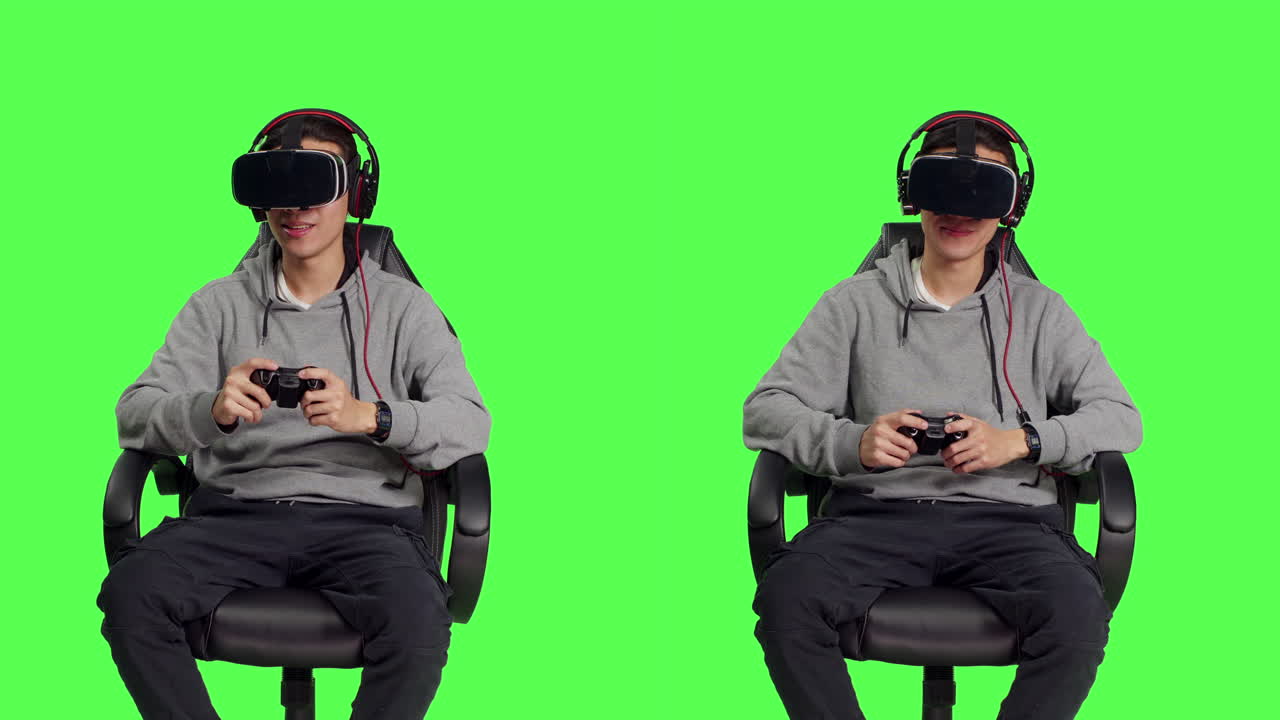 Giovane che gioca all'azione con gli occhiali VR