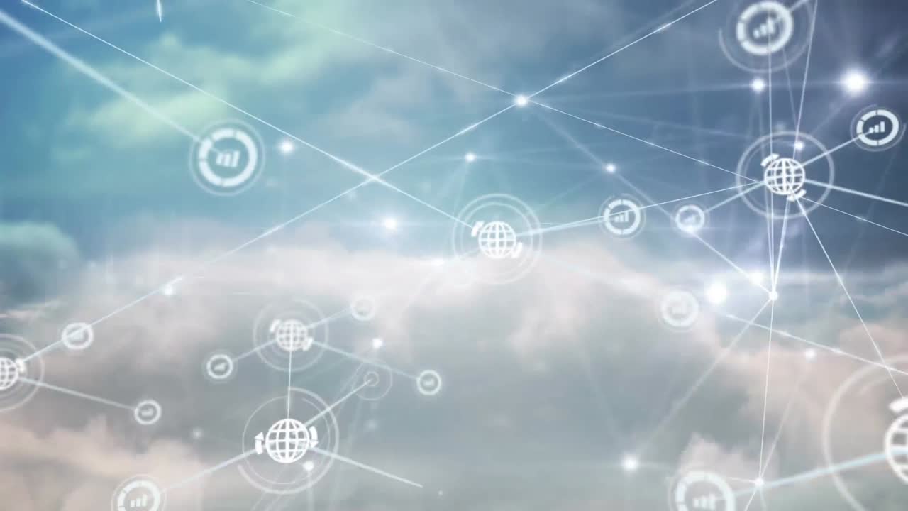 밀집된 구름의 공중 시야에서 연결된 아이콘과 연결된 점의 애니메이션