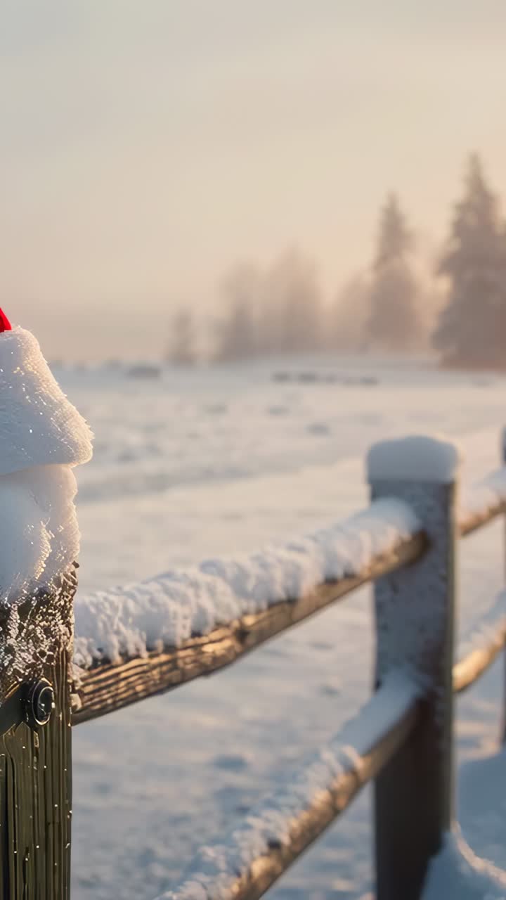 Vertical video: Panning camera revealing post topped with Santa hat and frost in field, copy space