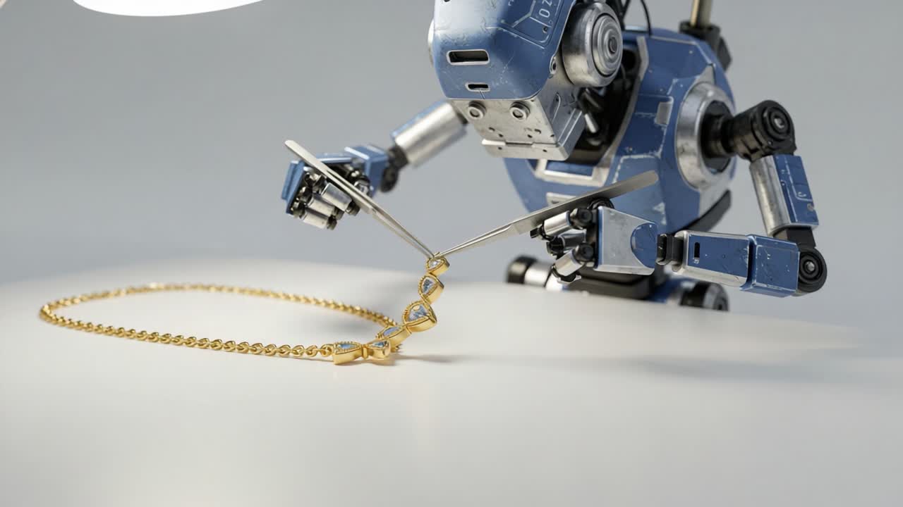 A Robotic Artisan Delicately Trims a Gold Chain with Precision Scissors, Balancing Technology and Craftsmanship in an Enchanting Display of Modern Innovation