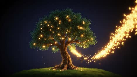 a magical tree illuminated with glowing lights, signifying wonder and enchantment in a mystical night setting, evoking whimsy and imagination through nature's splendor