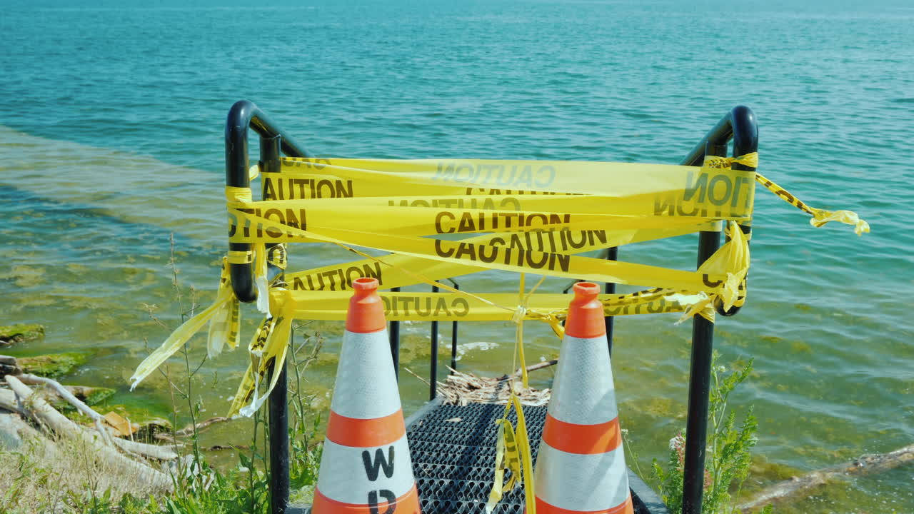 경고 테이프가 있는 침수 부두 입구