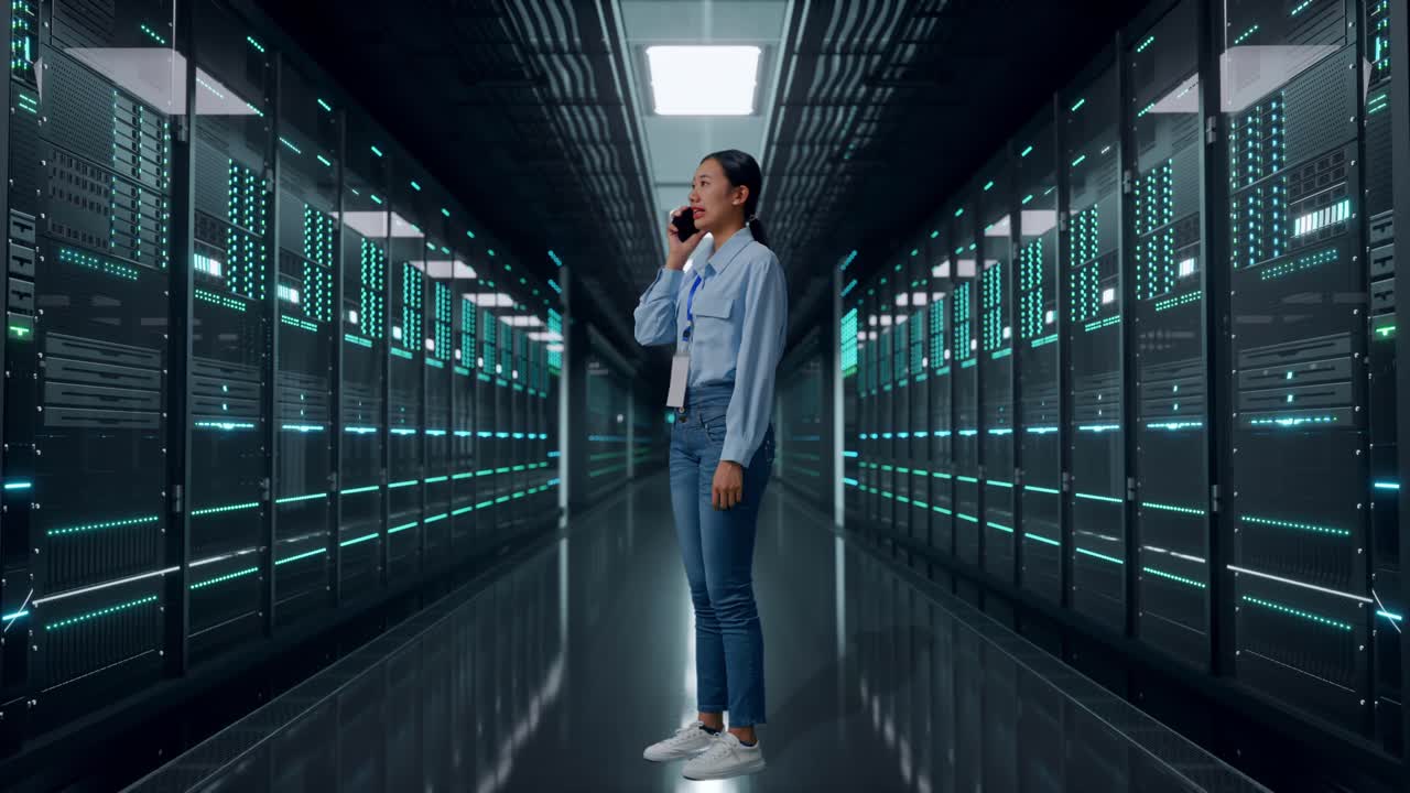 Vista laterale a figura intera di una donna asiatica in una sala server di un data center, che sta parlando al telefono con qualcuno.
