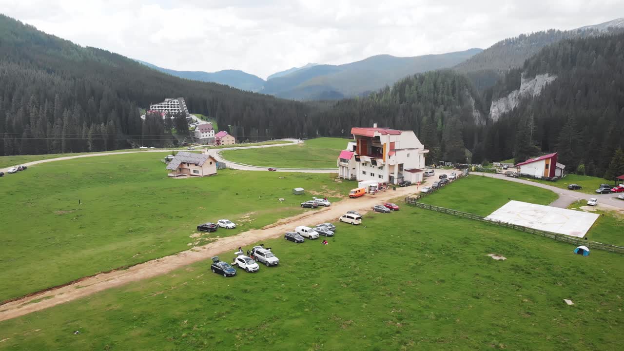 Aerial drone shot of the cable car in Bucegi Mountains, Romania