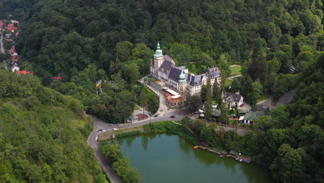 Cinematic-rotating-aerial-footage-of-the-castle-in-Lilafured,-Hungary