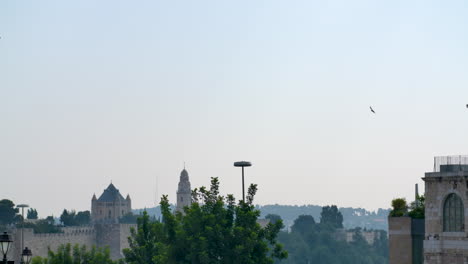 Vista-Panorámica-De-La-Ciudad-Vieja-De-Jerusalén-Con-Cielo-Azul-Claro,-Tiro-Estático