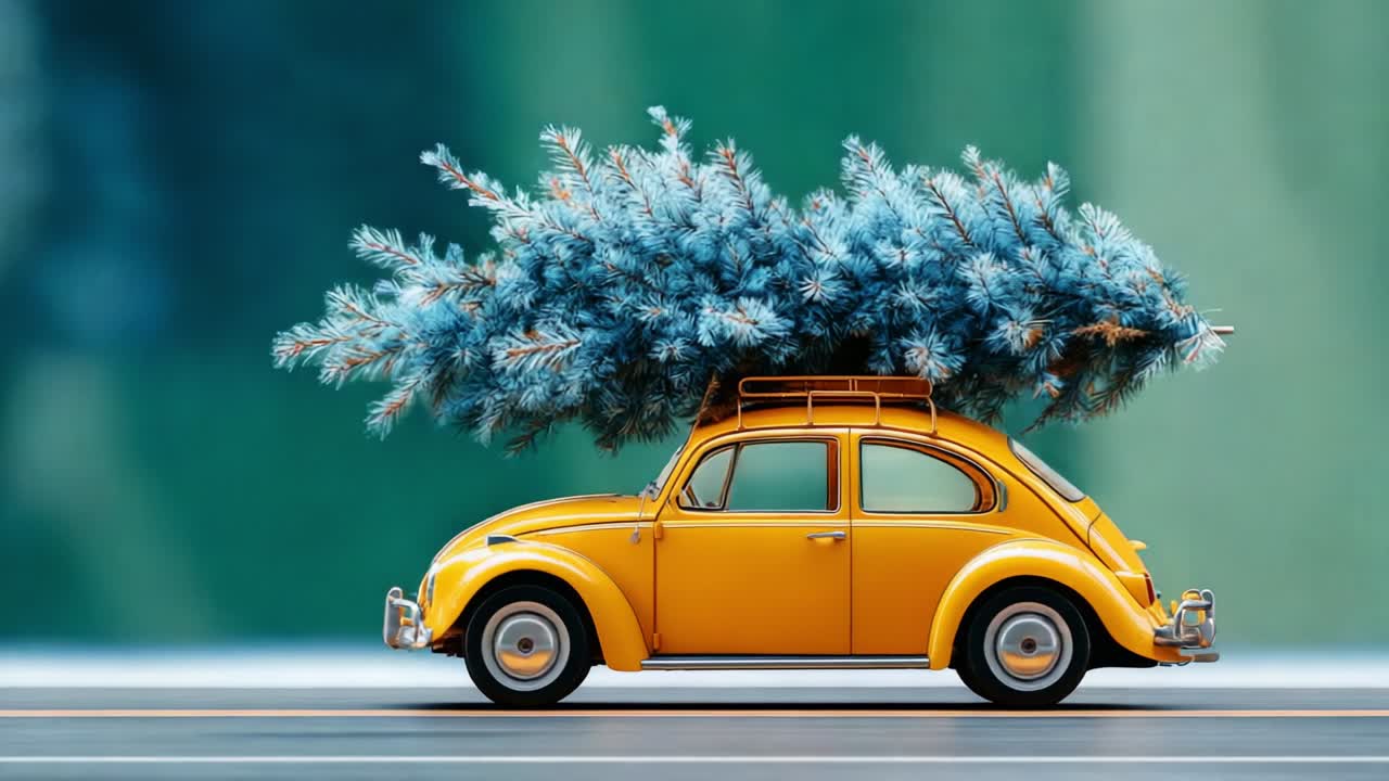 A vintage yellow car transports a lush evergreen tree, adorned with beautiful blue foliage, conveying a sense of adventure and holiday spirit as it travels on a serene road, showcasing nature's beauty