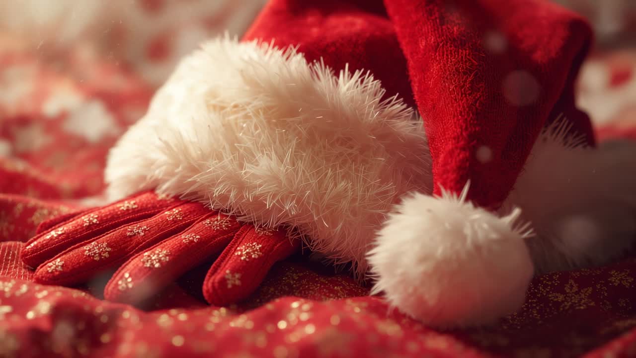 Refocusing camera highlighting red Santa hat and gloves on fabric for holiday effect with bokeh