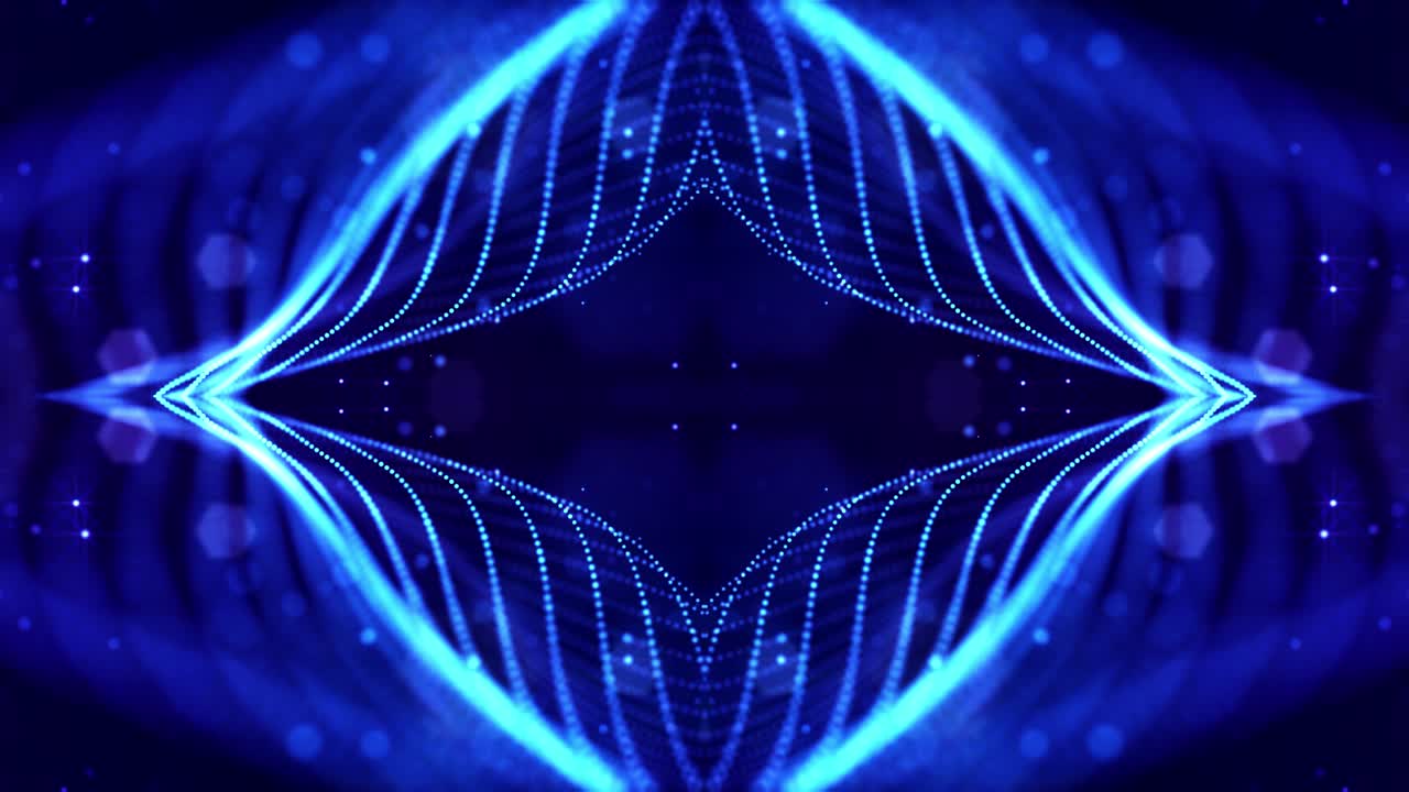 4k looped sci-fi 3d abstract animation. Glow blue particles form lines, symmetrical structures like in microworld or cosmic space. For holiday presentations, ceremonies as vj loop motion design
