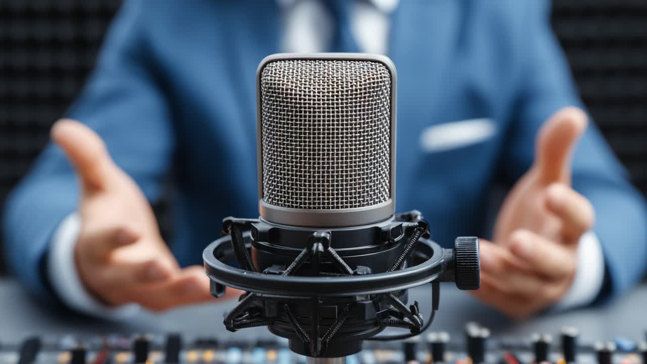 A Professional Speaker Engages with the Audience Behind a Studio Microphone, Highlighting the Art of Communication and Expression in a Recording Environment