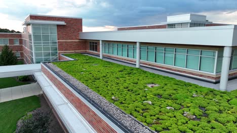 modern school building with green rooftop garden, large windows, and brick facade