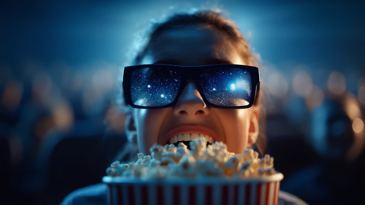 Ein Kinoerlebnis: Popcorn und kosmische Ausblicke durch Stellar-Brillen in einer Kinoatmosphäre genießen