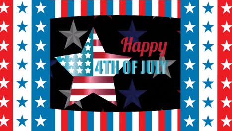 animation of 4th of july text over red, white and blue stars and stripes background