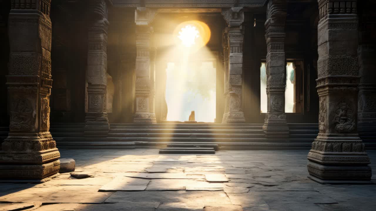 Sunlight streams through ancient temple columns, captured from a low angle