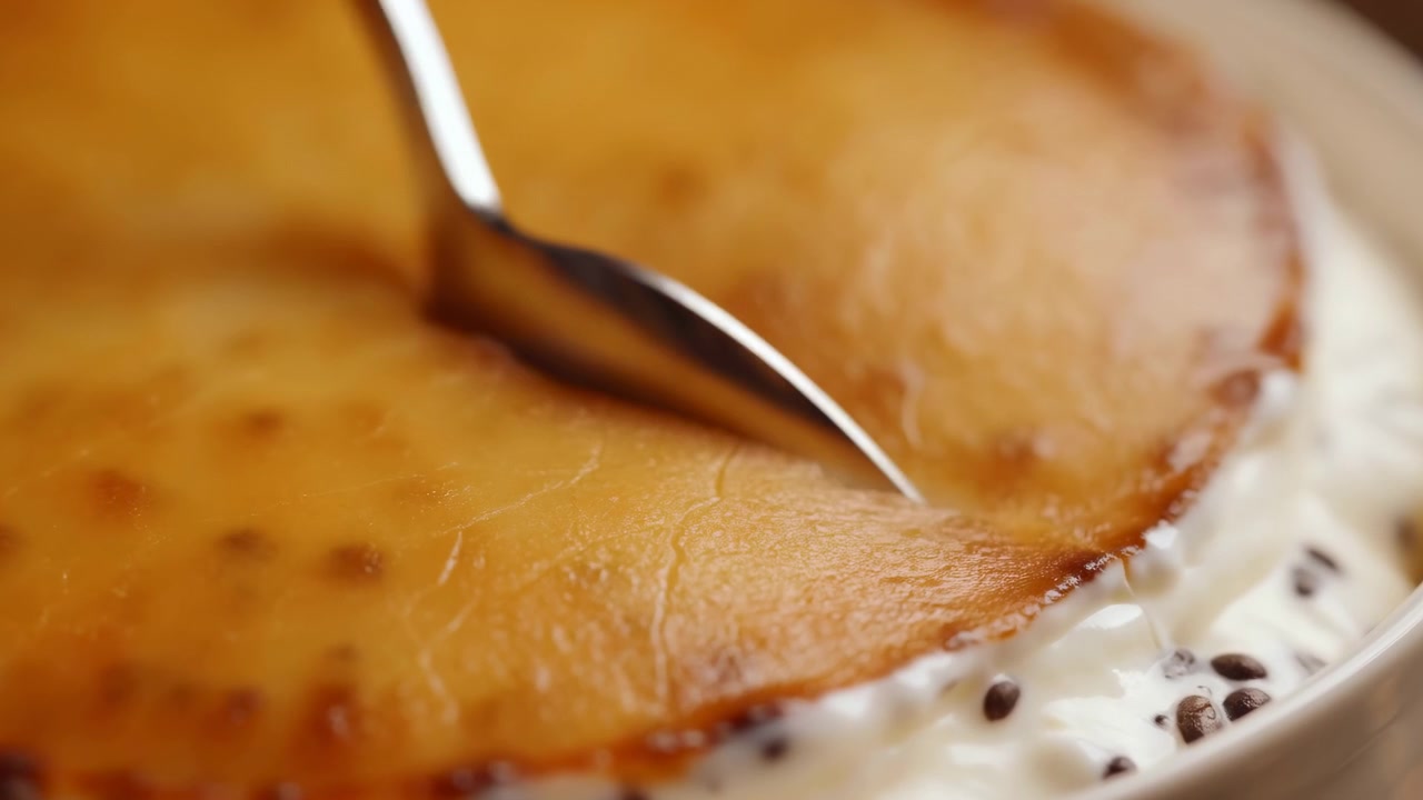 Cuillère brisant la surface caramélisée d'une crème brûlée au milieu d'une séquence de dégustation, avec un reflet doré.
