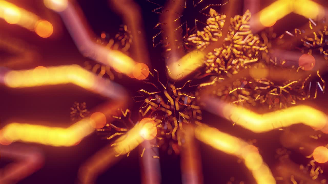 3d golden christmas background with bokeh and depth of field of shiny toy snowflakes hanging in the air beautifully shiny slowly swaying and shining in the light. Beautiful 3d for new year in 4k