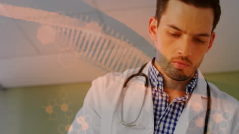 animation of data processing over caucasian male doctor holding file