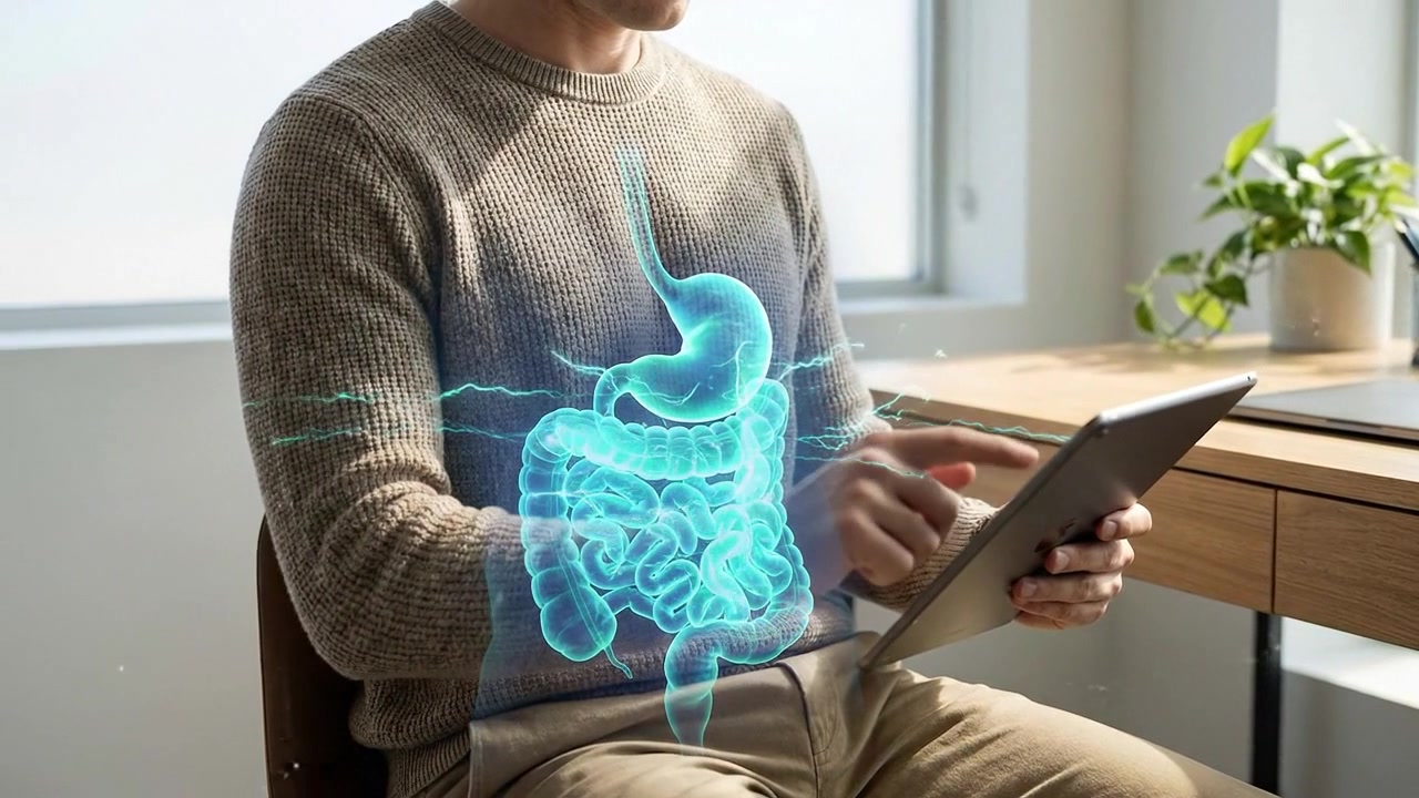 Man Using Tablet with Holographic Digestive System Visualization