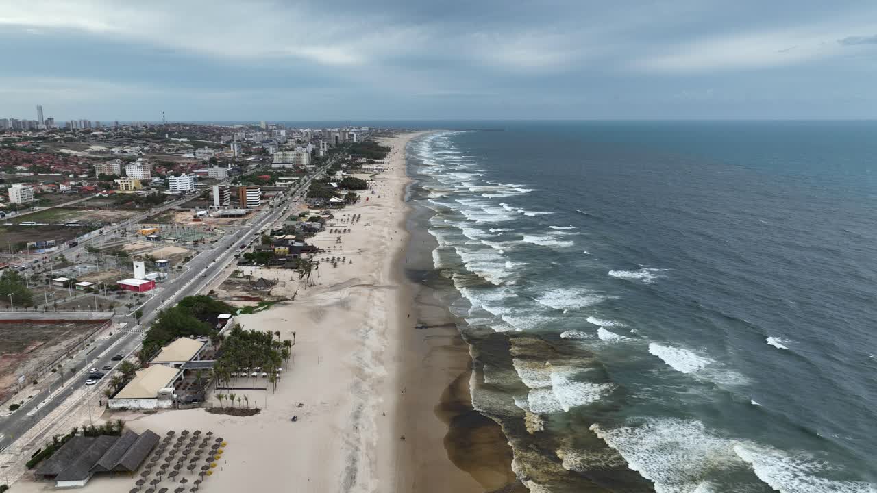 Beachfront Restaurants At Barraca Fortal Beach In Fortaleza City In Brazil. Aerial Drone Shot