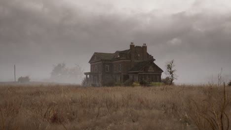 eerie old house in a desolate landscape under stormy skies