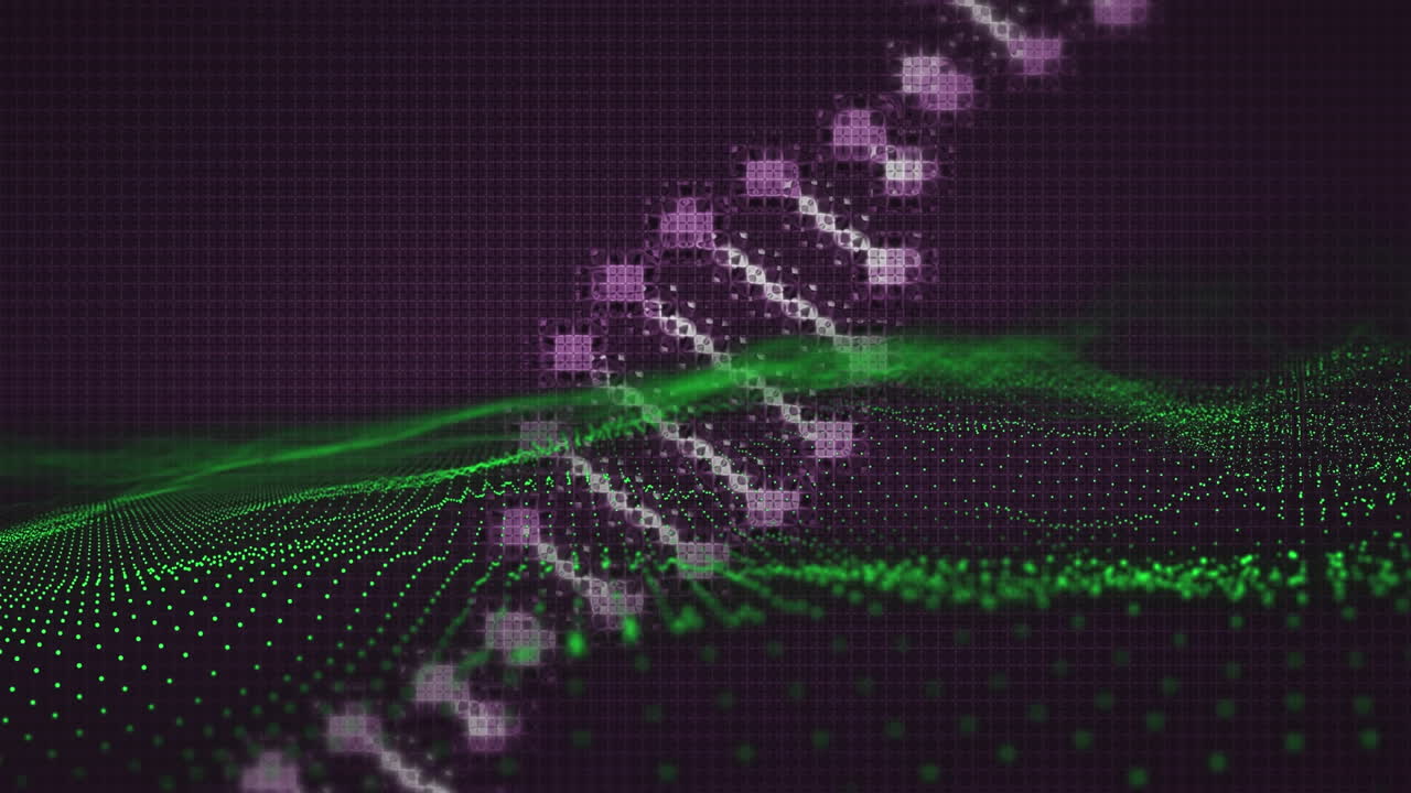 animación de una cadena de adn digital que gira sobre un paisaje de contornos de puntos verdes, sobre un fondo negro