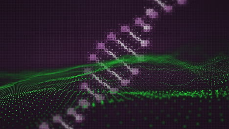 검은 바탕에 녹색 점의 윤 ⁇  풍경 위에 회전하는 디지털 dna 가닥의 애니메이션