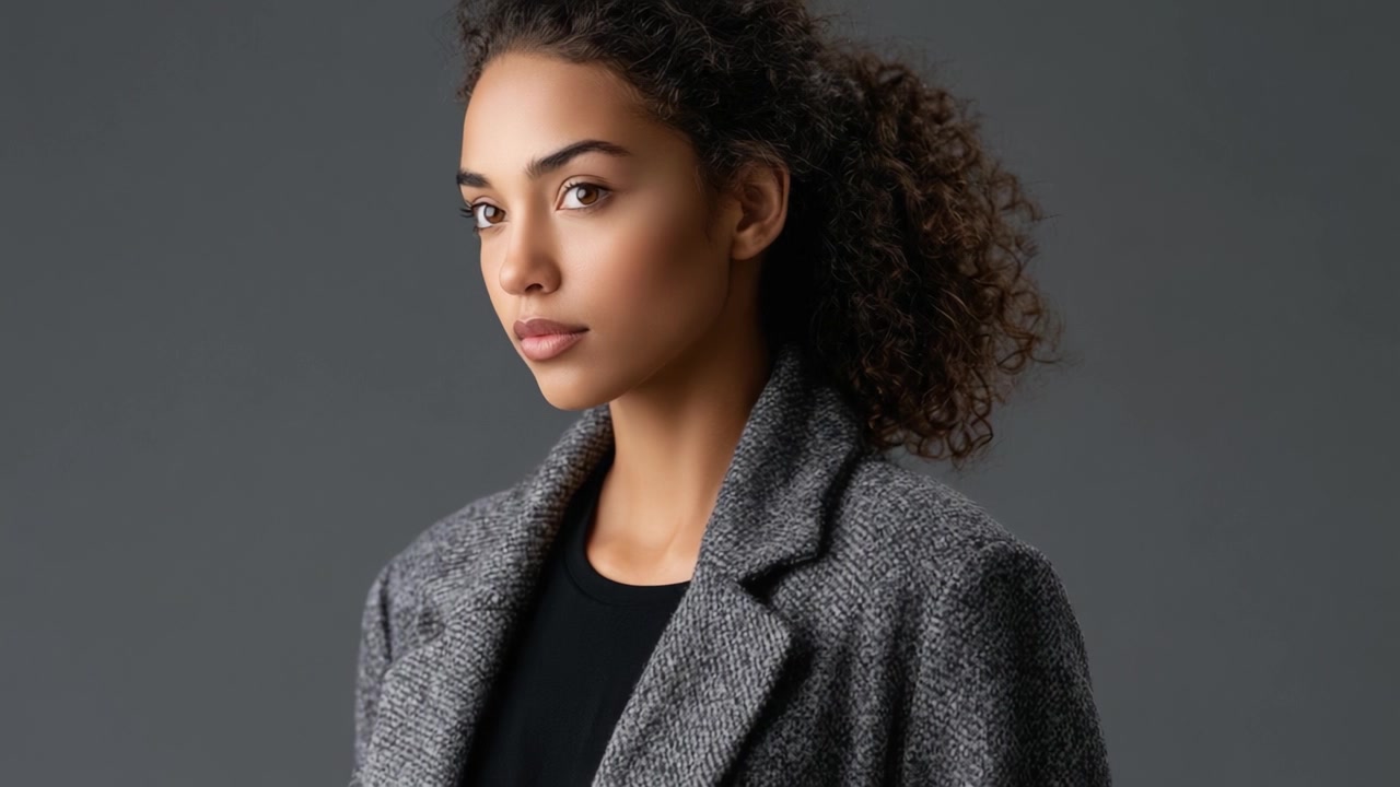 A Confident Young Woman Poses in a Stylish Gray Coat Against a Minimalistic Background, Capturing a Moment of Elegance and Poise in Fashion Photography