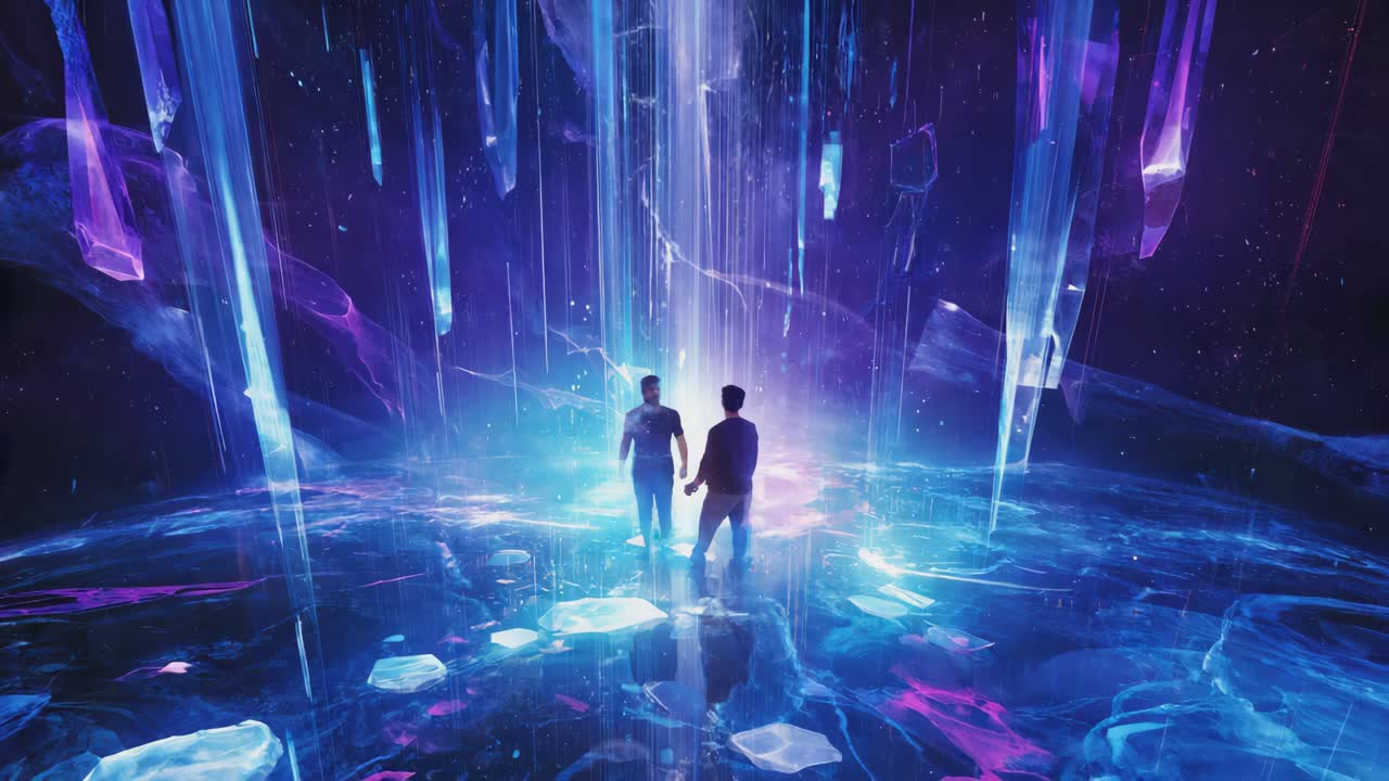 Two Figures Exploring a Glowing Crystal Dimension