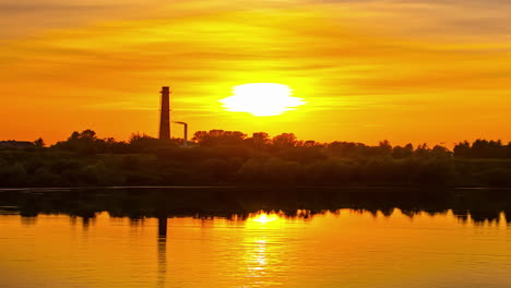 static view of sunset in timelapse over an industrial area beside a water body in the evening