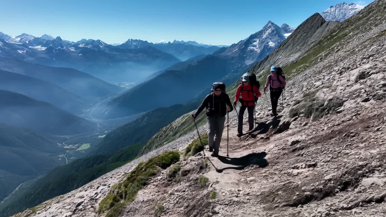 Three hikers trekking on a rocky mountain trail with a vast valley and snow-capped peaks in the background