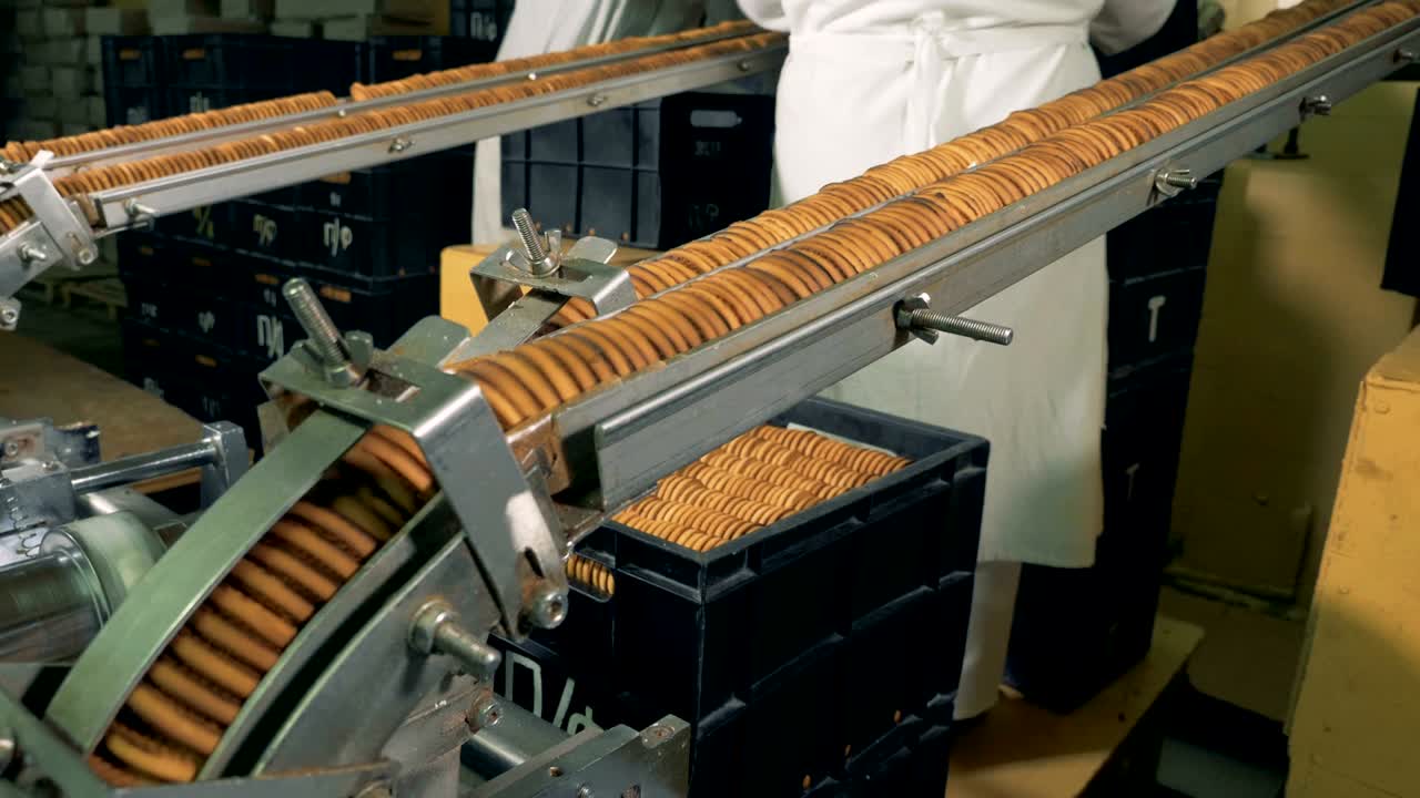 proceso de producción de galletas dobles en la fábrica.