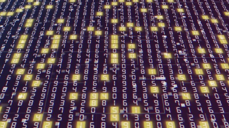 Hexadecimal Big Data Digital Code With Random Yellow Light Animation. Data Processing. Futuristic Information Technology. Network Connection. 4K