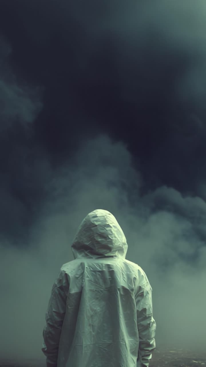 Una figura solitaria avvolta in una giacca protettiva bianca con cappuccio si erge in mezzo a una fitta nebbia vorticosa, creando un'atmosfera inquietante che cattura l'attenzione dello spettatore.