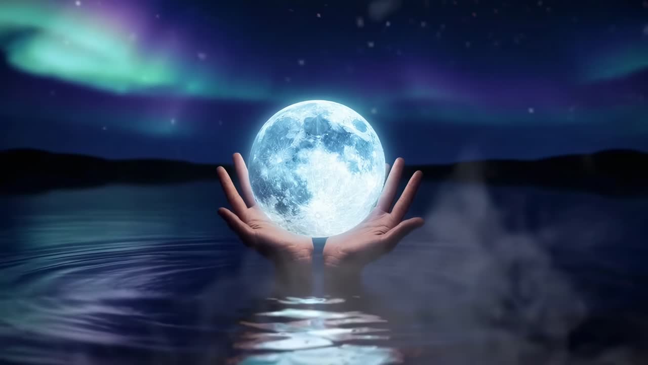 Concetto video surreale con mani che tengono una luna splendente, ripresa dal basso, sfondo di aurora
