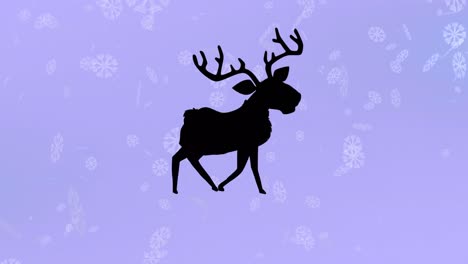 Black-silhouette-of-reindeer-walking-over-snowflakes-falling-against-purple-background