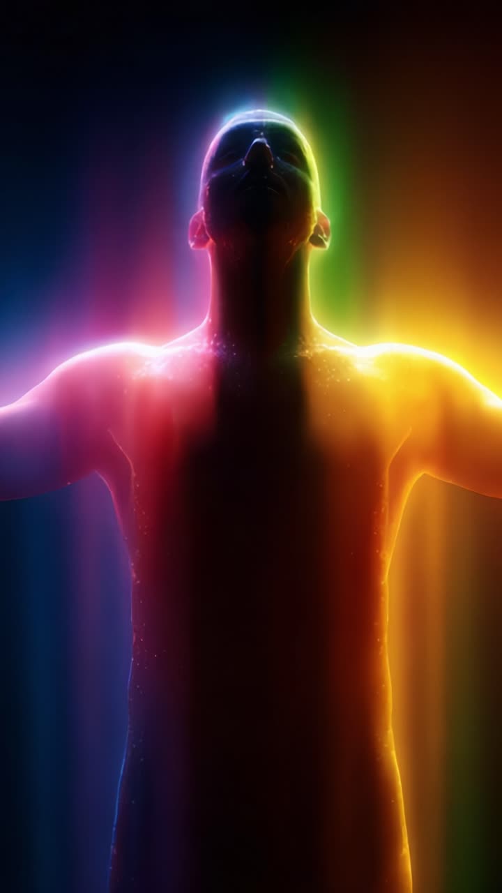 Una figura radiosa si erge in una luce colorata, emanando energia vibrante, circondata da uno spettro di tonalità che simboleggiano l'emancipazione e la scoperta di sé in un momento profondo
